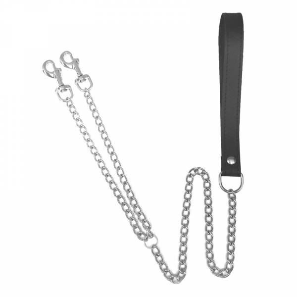 LAISSE CUIR NOIR + CHAINE DOUBLE MOUSQUETON